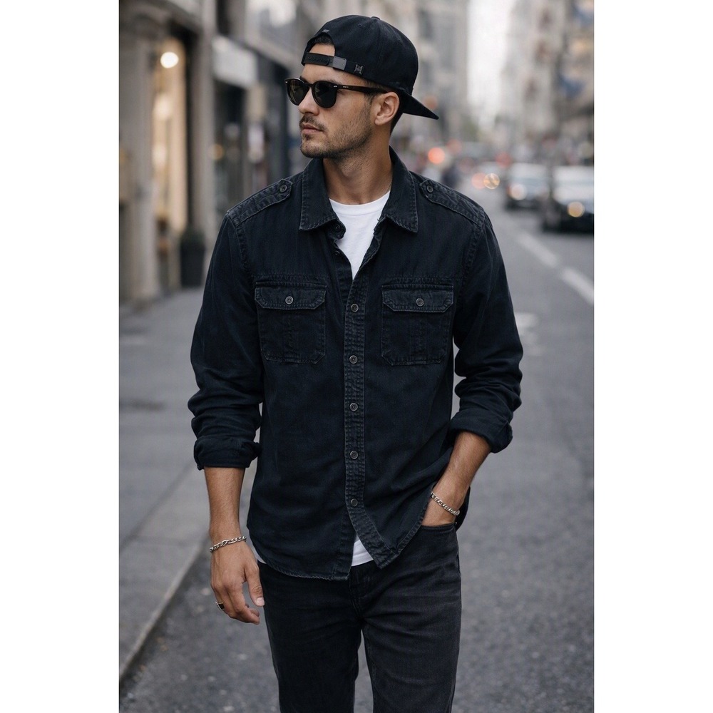 Men's BRANDIT Black Denim Long Sleeve Shirt – Small Grunge Streetwear